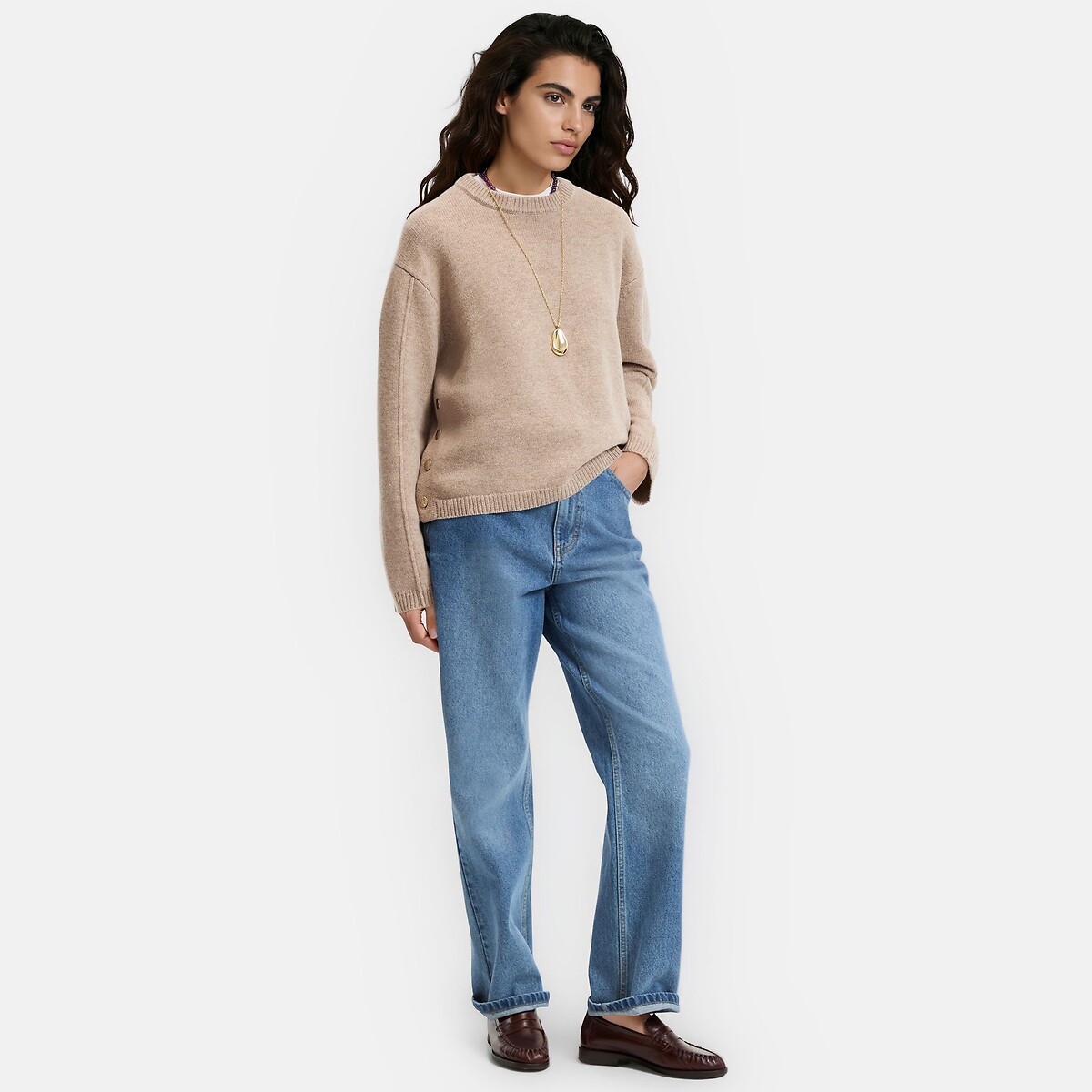 Pull col rond en laine avec boutons côté taupe, LA REDOUTE COLLECTIONS
