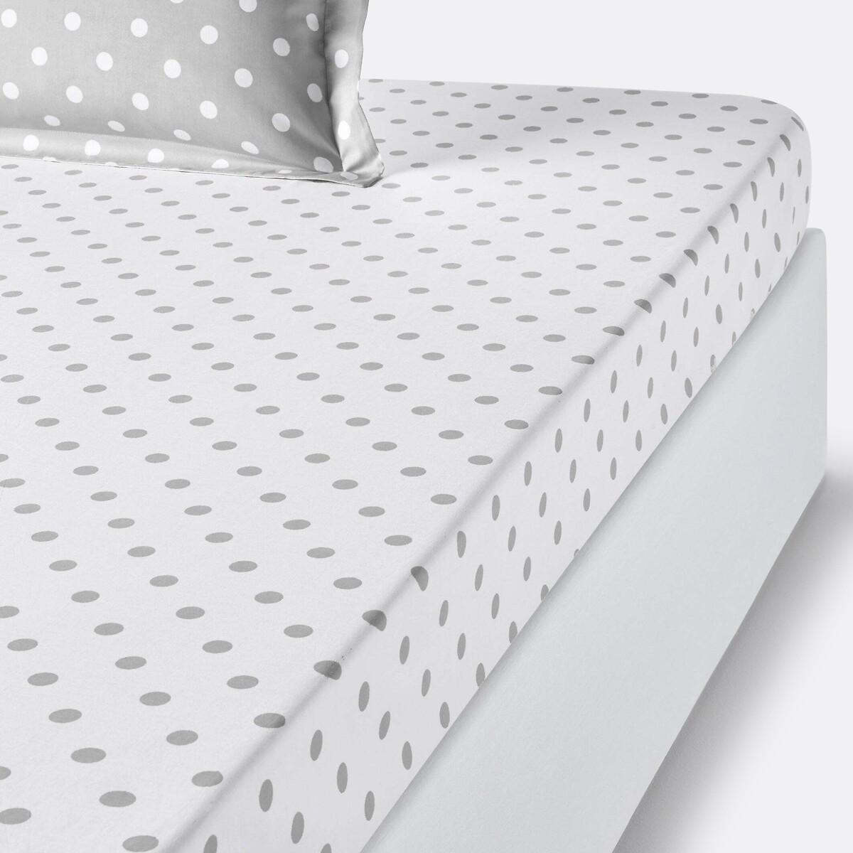 Drap housse pur coton imprimé pois, Clarisse gris/blanc, LA REDOUTE INTERIEURS