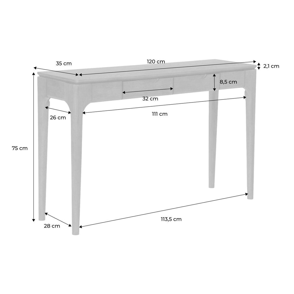 Console bois d'hévéa placage frêne 2 tiroirs ALIENOR noir, SWEEEK