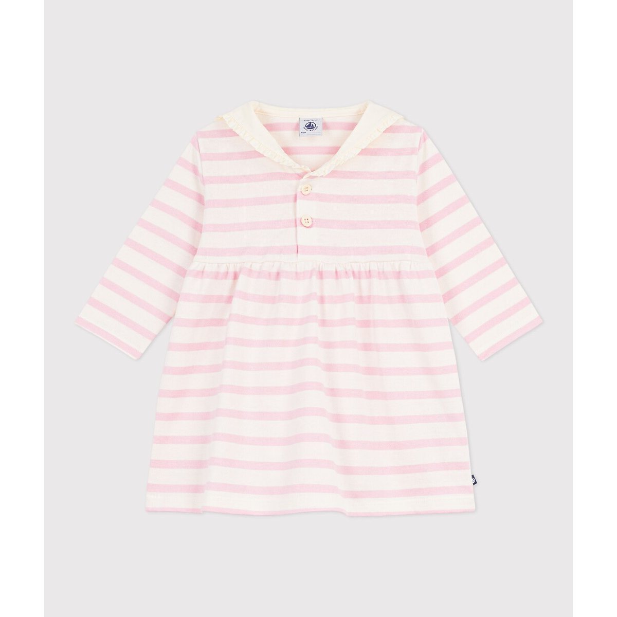 Robe marinière, en coton, manches longues et col marin rayé rose/blanc, PETIT BATEAU