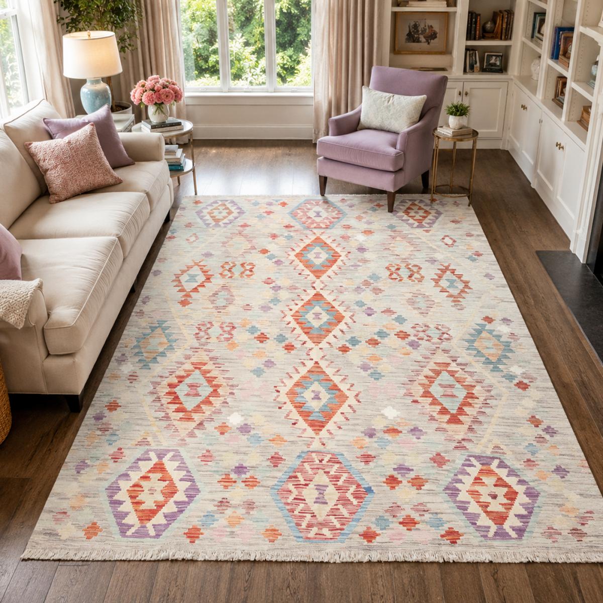 Tapis kilim au motif ethnique, tissé plat en laine, KILIM 42 multicolore, rouge, violet, UN AMOUR DE TAPIS