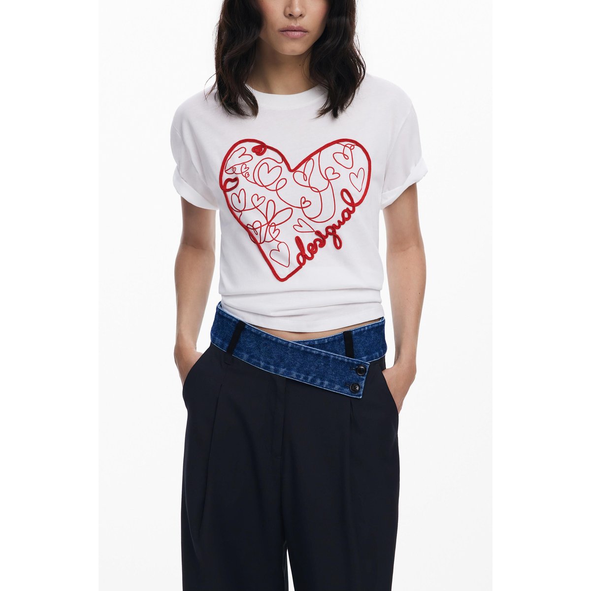 T-shirt à reliefs cœurs blanc, DESIGUAL