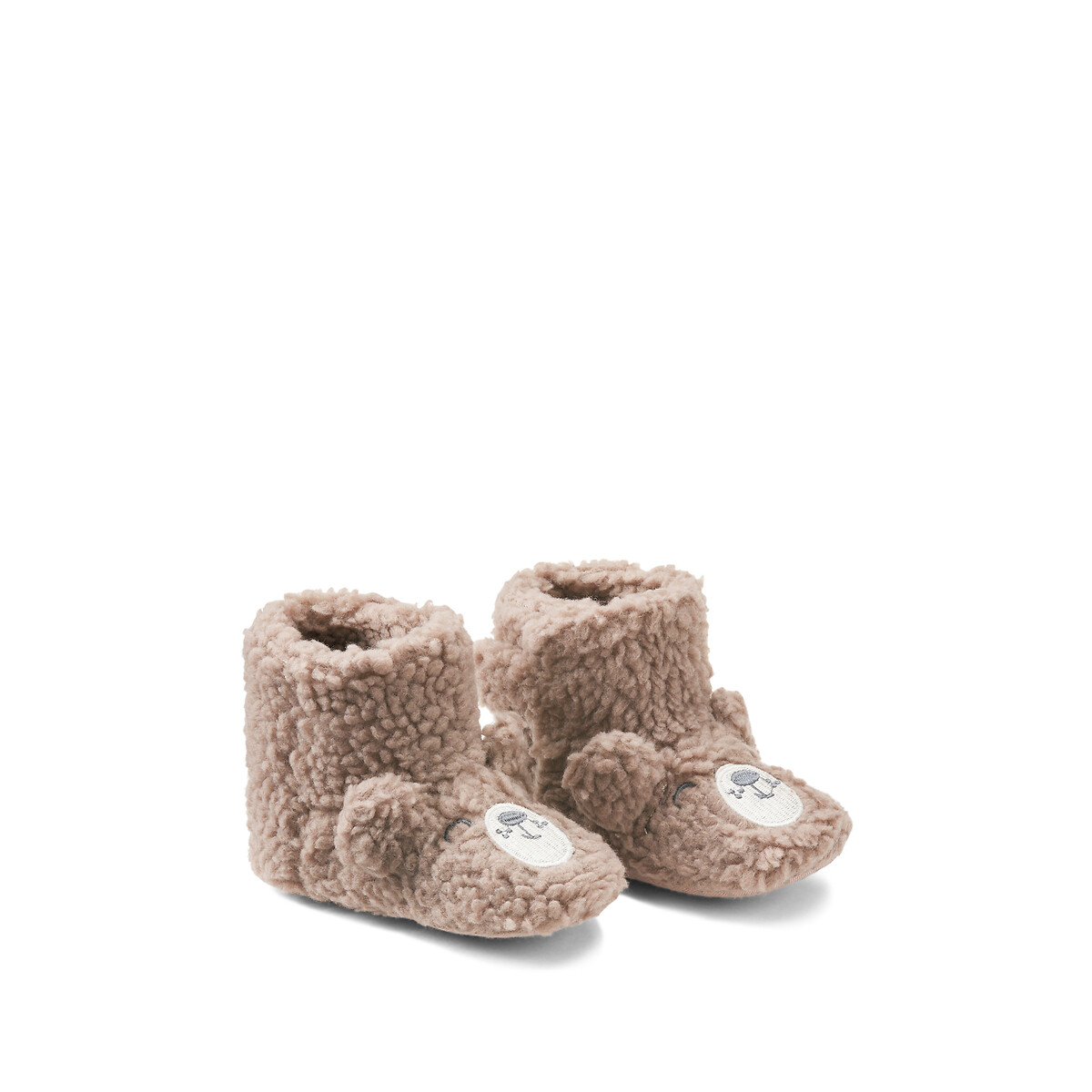 Sherpa Slippers with Velcro and Bear Embroidery beige, LA REDOUTE COLLECTIONS