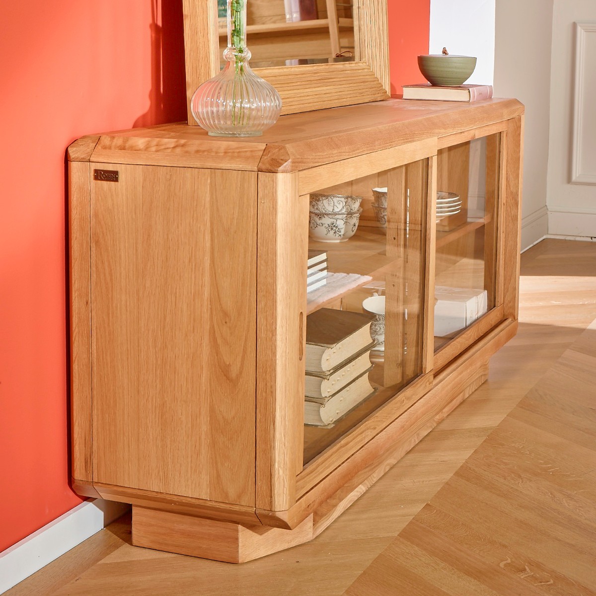 Vitrine en chêne portes coulissantes ONTARIO beige, ROBIN DES BOIS