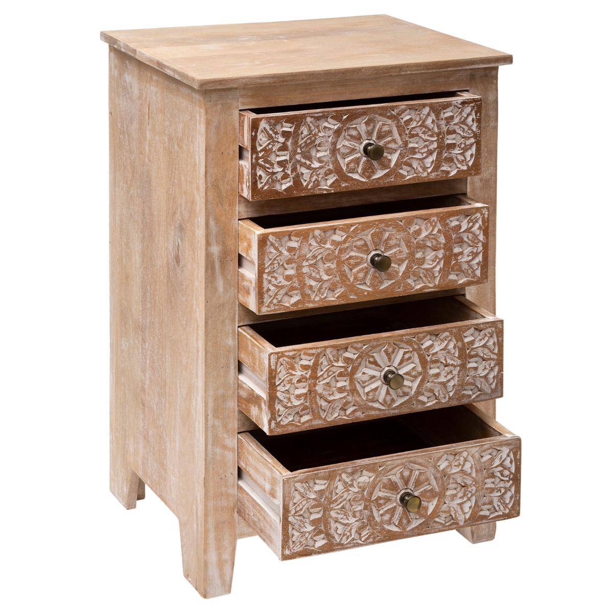 Commode chiffonnier 4 tiroirs bois de manguier sculpté main SHIREL beige, ATMOSPHERA
