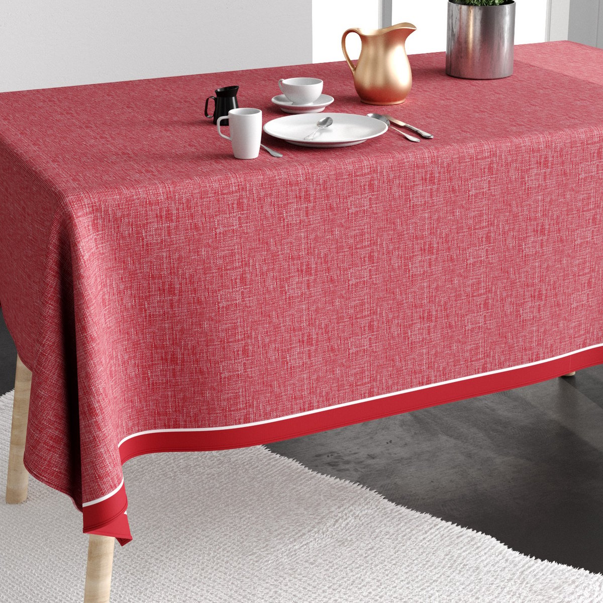 Nappe rectangulaire anti tache Coton Chambray Tango rouge, EDEN