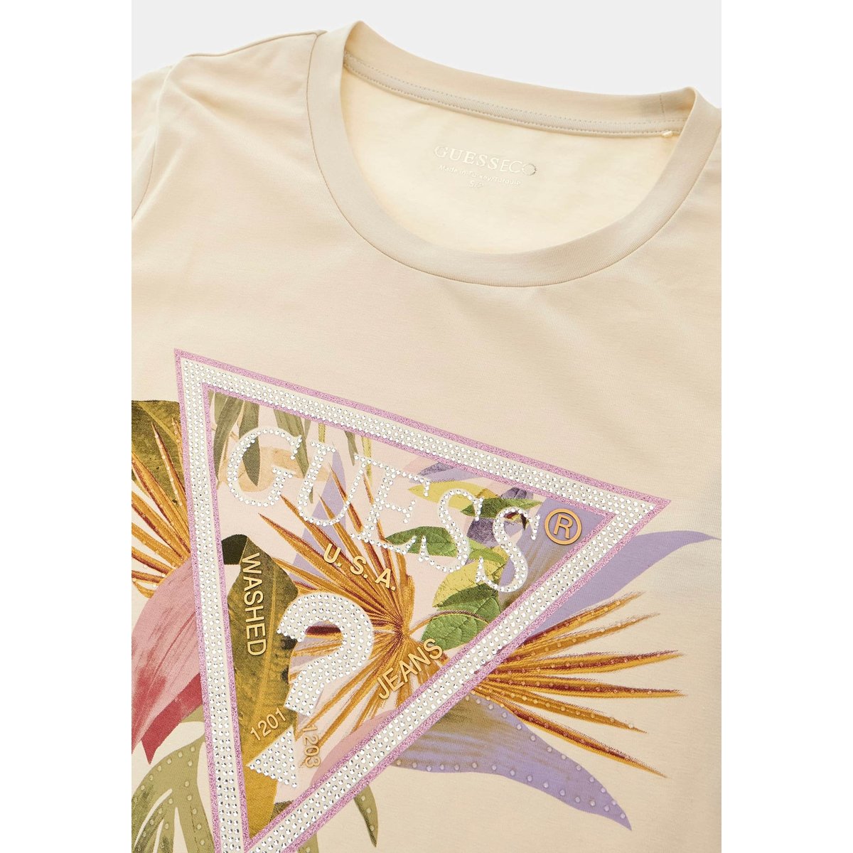 T-Shirt Avec Logo En Strass crème, GUESS