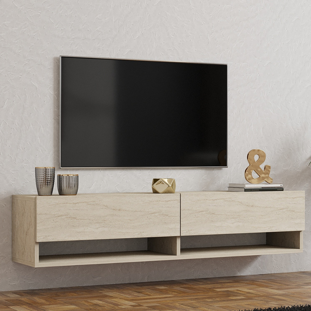 Meuble TV suspendu 2 portes abattantes décor travertin L141 cm - ARGES beige, CALICOSY