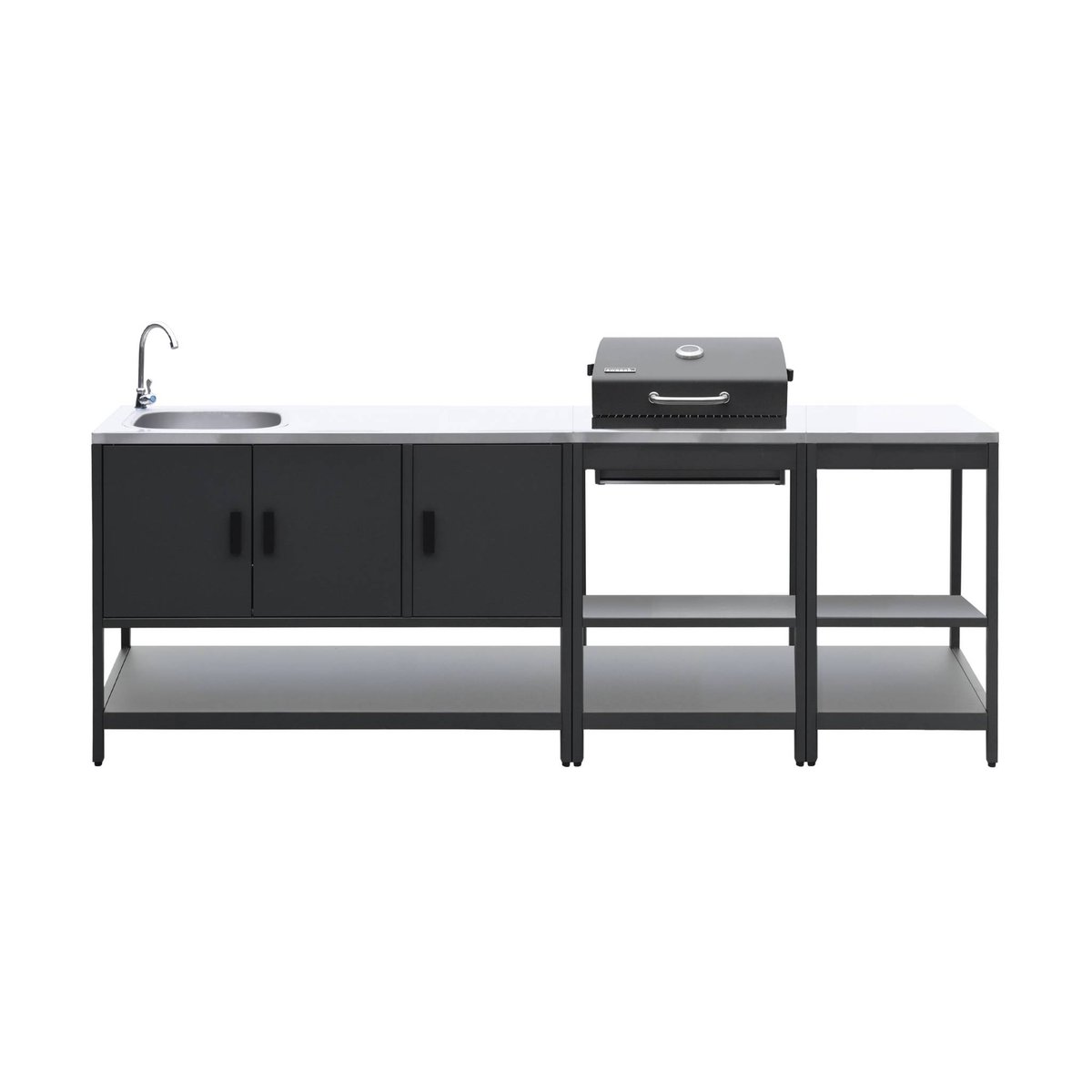Cuisine d'extérieure 3 modules avec barbecue charbon de bois sur pieds, 2 étagères et thermomètre NAXOS BARBECUE CHARBON + 2 MODULES noir, SWEEEK