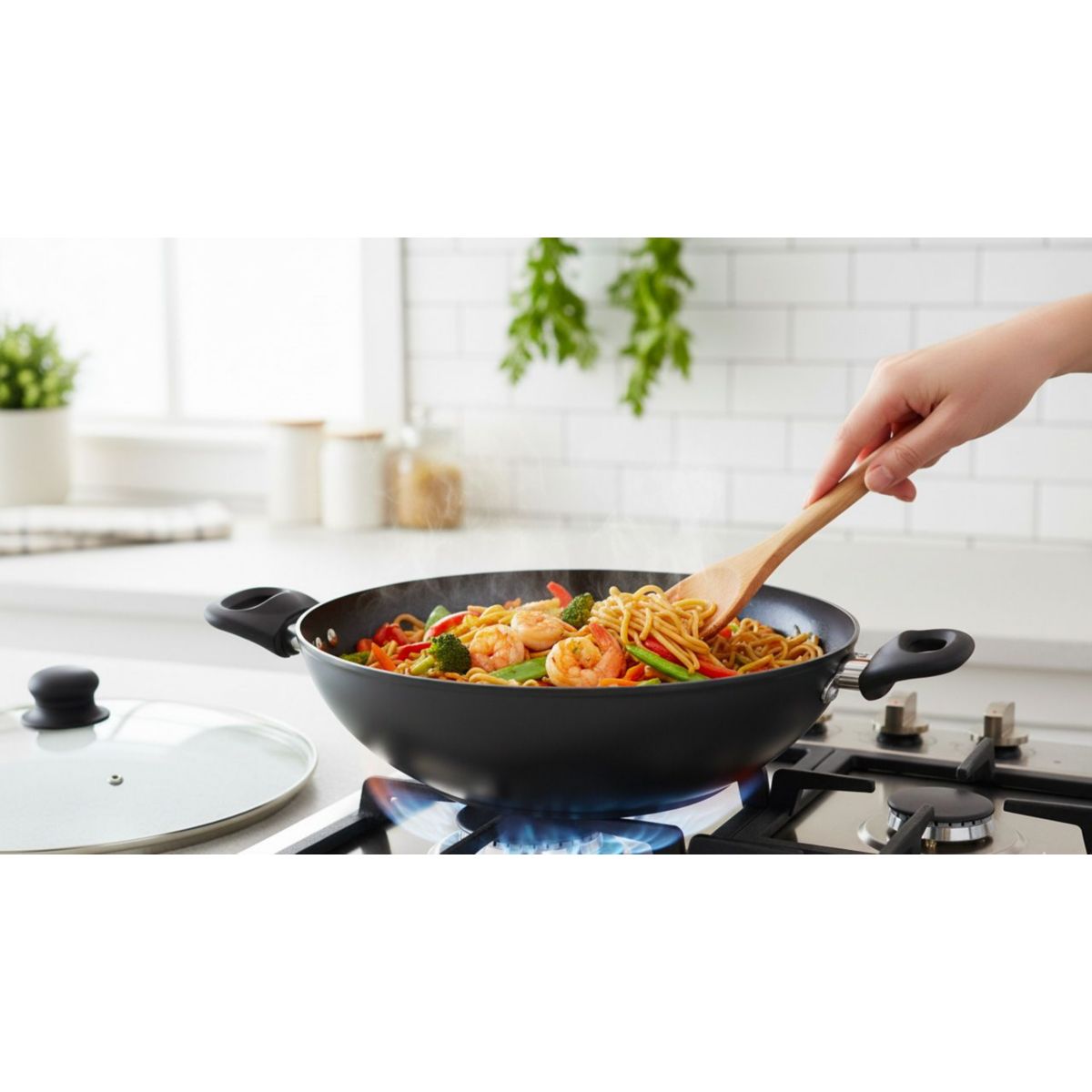 Wok 32cm céramique noir couleur unique, ESSENTIEL B