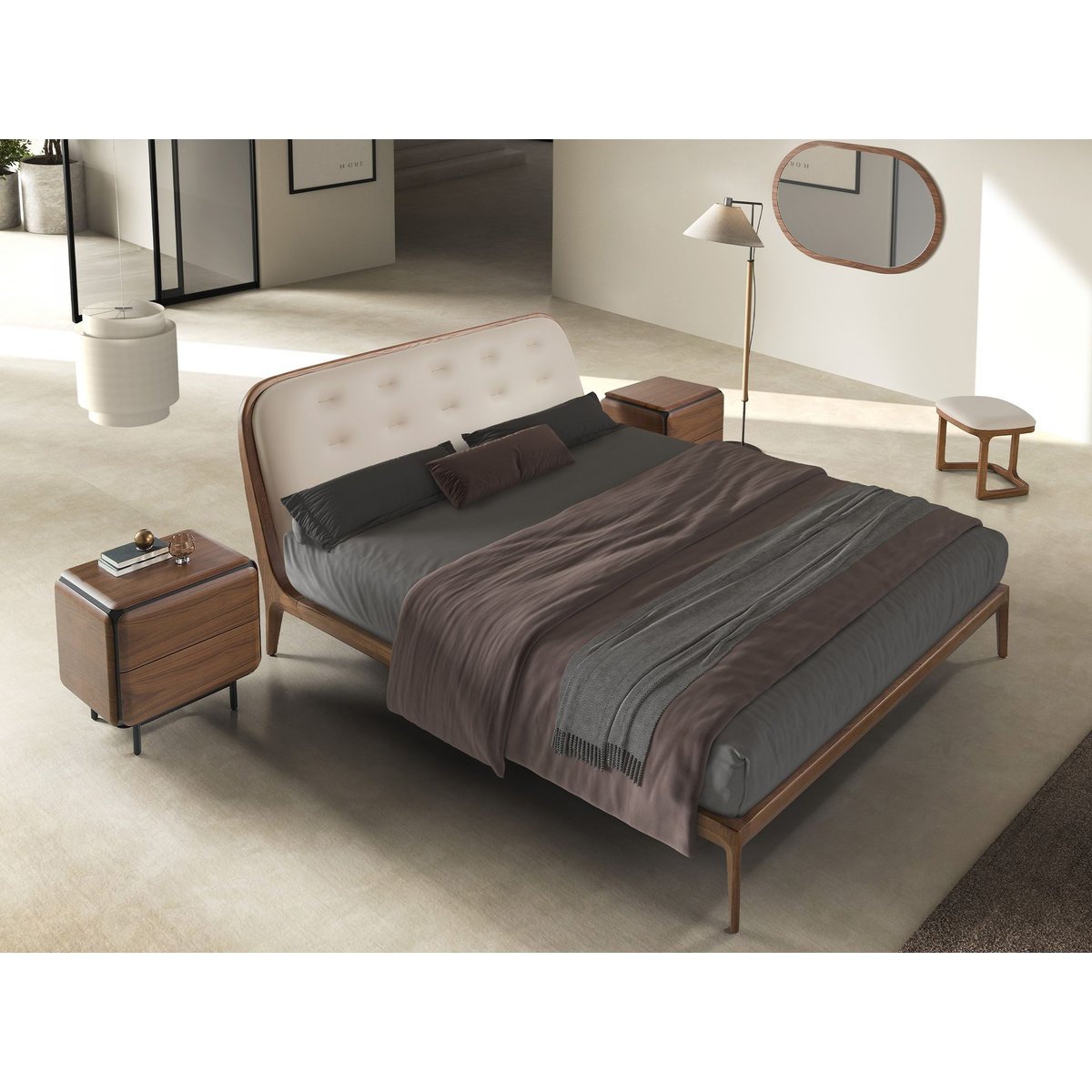 Lit en similicuir couleur sable sable | noyer, ANGEL CERDA