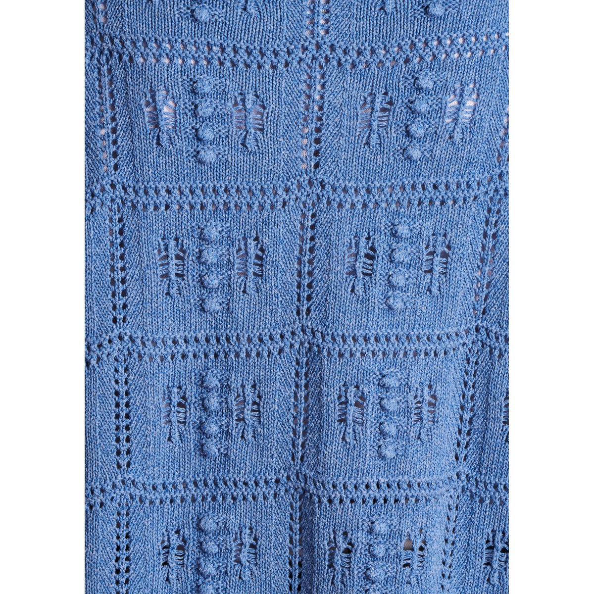 Gilet ouvert en maille crochet bleu denim, LA FEE MARABOUTEE