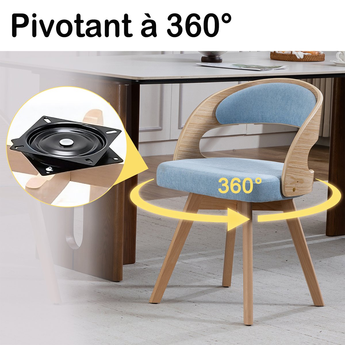 Lot de 4 fauteuils de salle à manger rotatif scandinave en hêtre, GINNY bleu, MEUBLES COSY