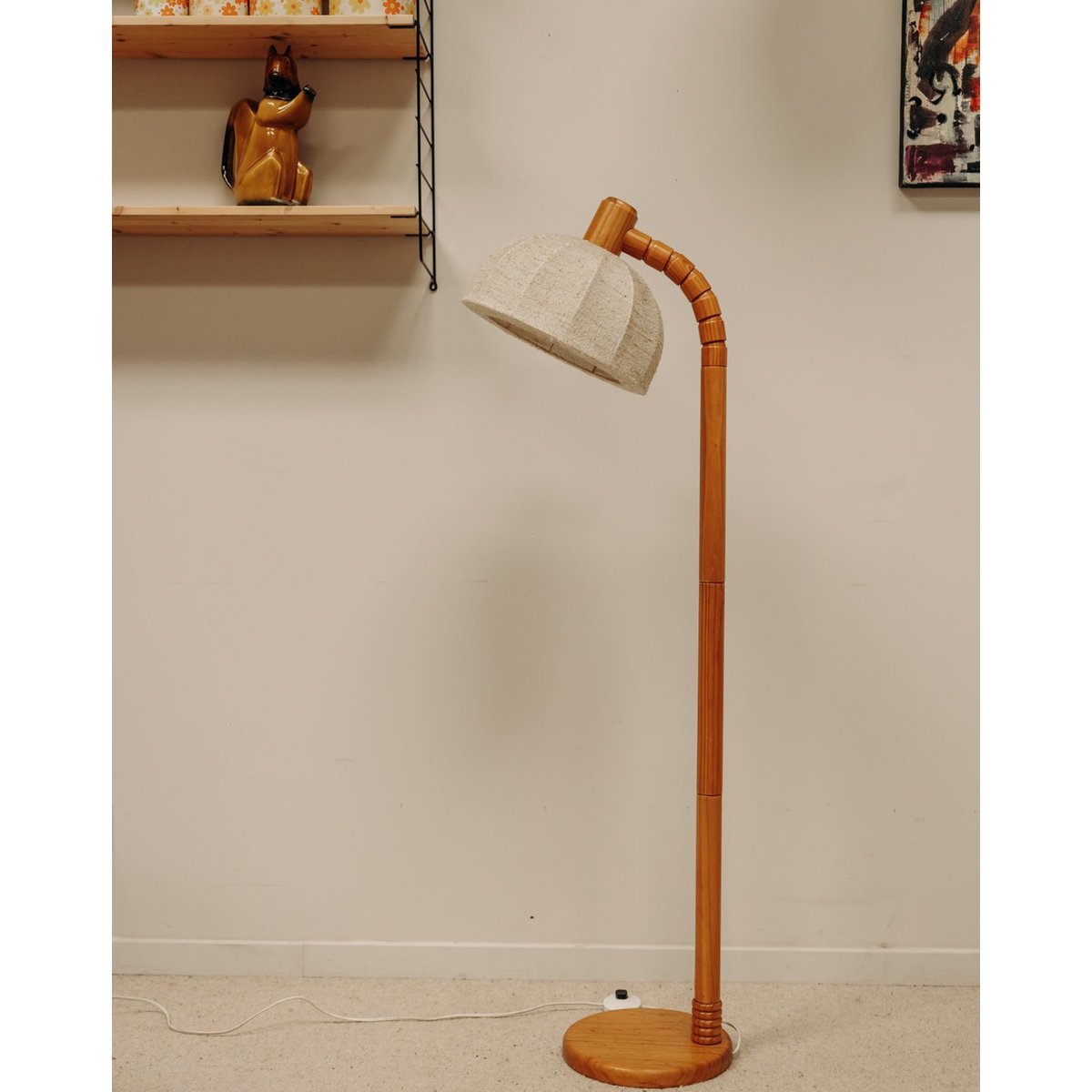 Lampadaire en bois et toile Julien N°377 - Bon état bois clair, DEBONGOUT