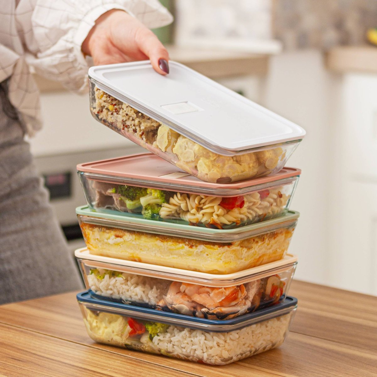 Lot de 5 lunch box en verre qui passe au four 600ml, Prep multicolore, MONBENTO