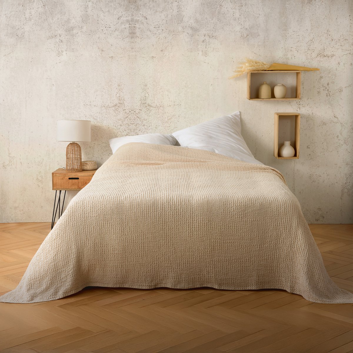 Plaid ou couvre lit 100%  coton nid d’abeille beige, LINDER