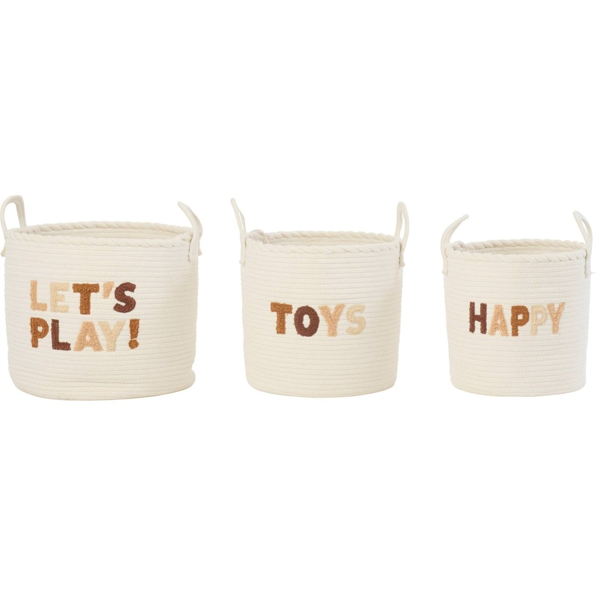 Set de 3 paniers enfant en coton brodé blanc et marron, RECOLLECTION