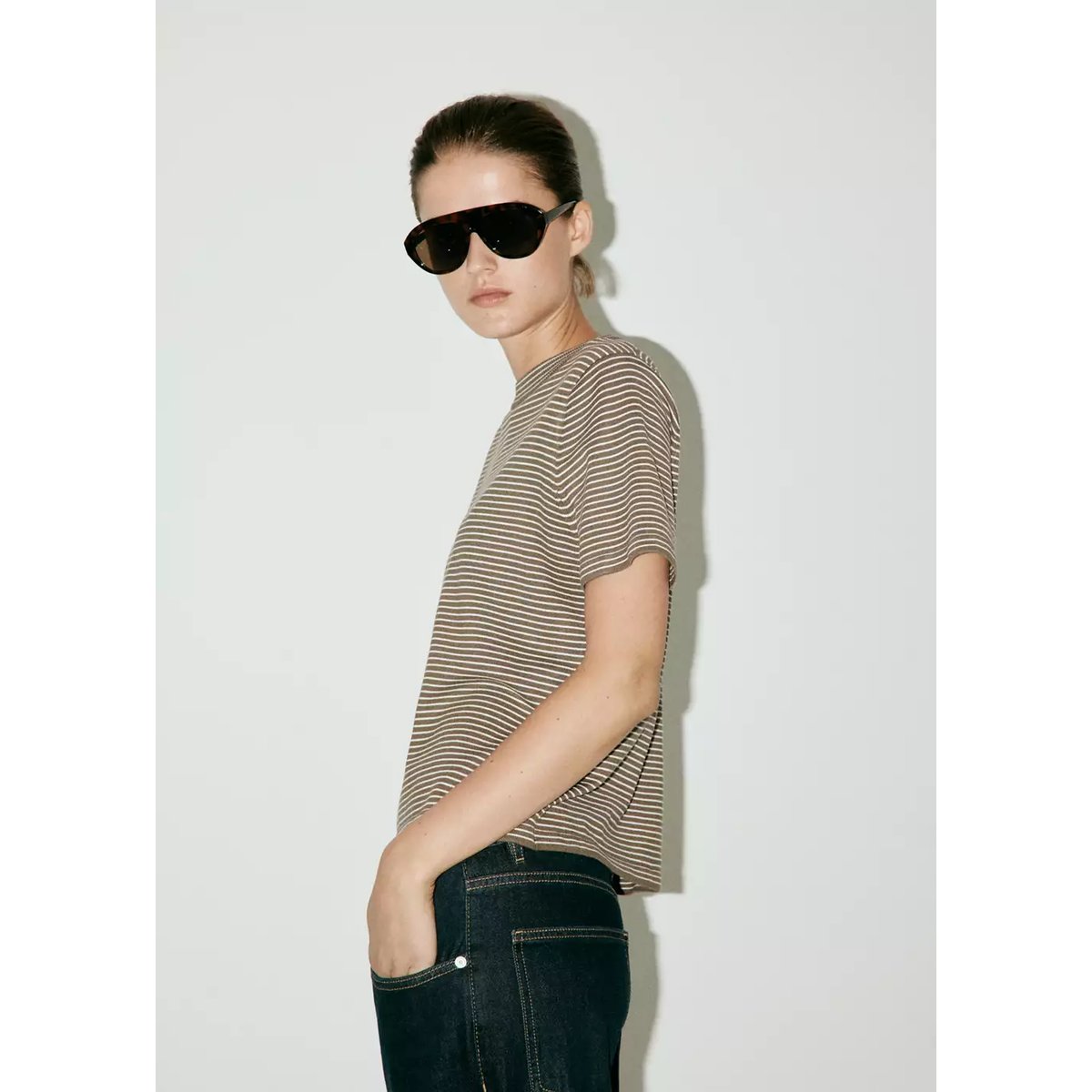 Pull en maille fine à rayures kaki, MANGO