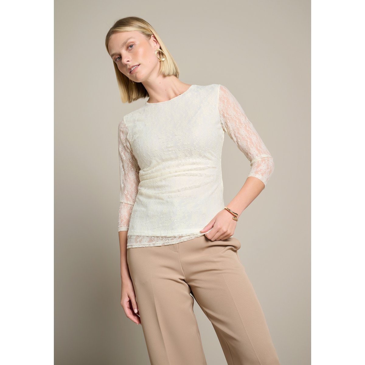 T-shirt drapé en dentelle blanc vanille, LOLALIZA