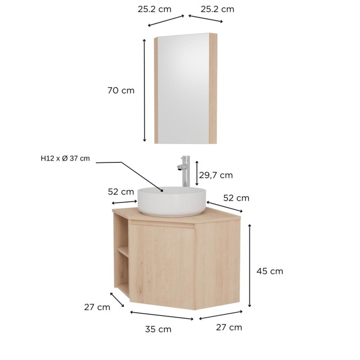 Meuble sous vasque d'angle avec vasque, robinet et armoire SORRENTO décor chêne, MOB IN