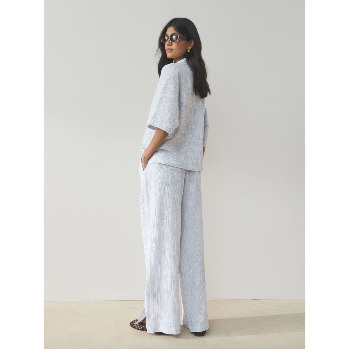 Pantalon large texturé en lin, lot de 2 rayures bleu ardoise/blanches, NEXT