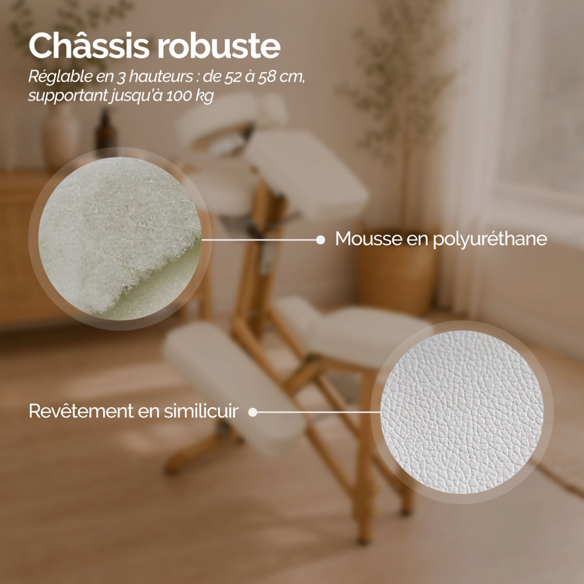 Chaise de massage en bois pliable avec sac de transport blanc, VIVEZEN