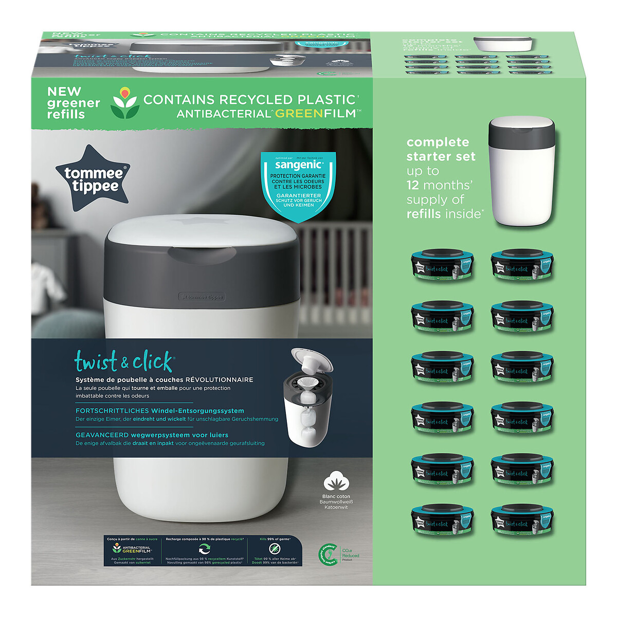 Kit Poubelle à couches Twist et Click 12 recharges blanc, TOMMEE TIPPEE