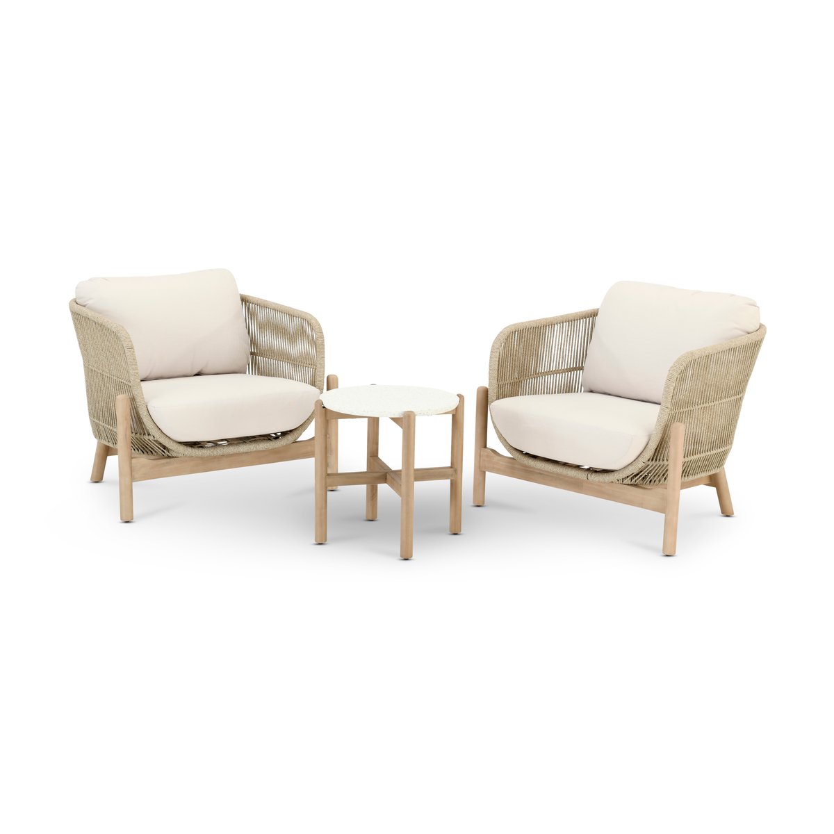 Salon de jardin 2 fauteuils, table, PROVENZA structure bois clair, corde beige, coussin écru, DEFORA HOME