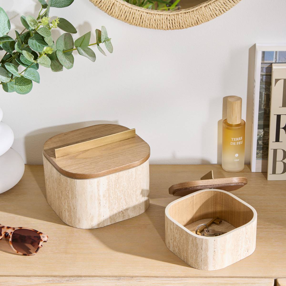 Lot de 2 boîtes déco L14/18cm ANAYA beige, ATMOSPHERA