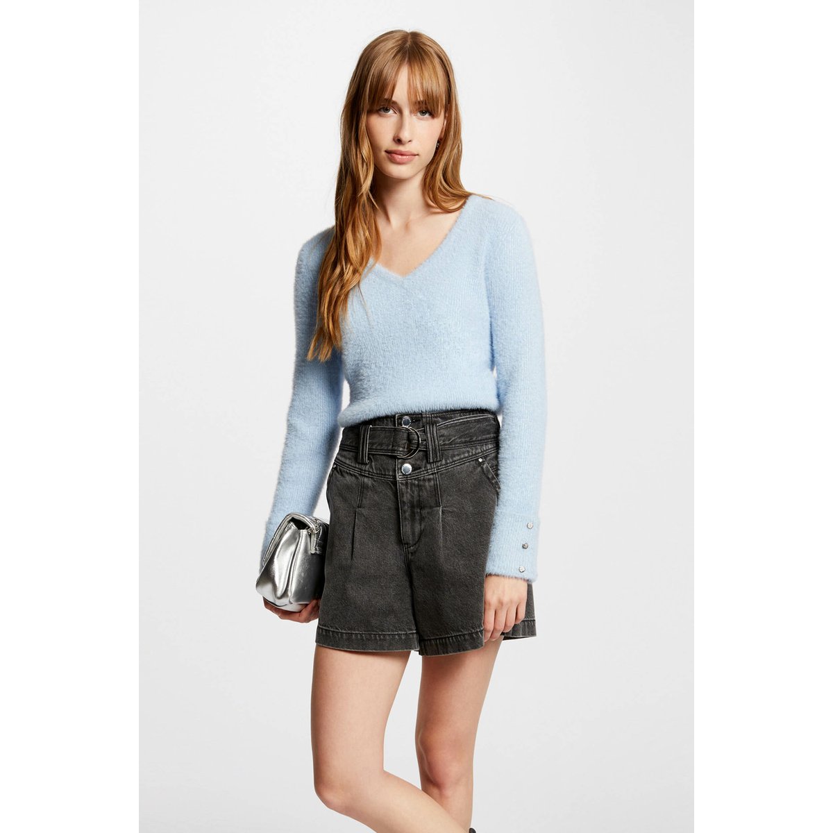 Pull col V en fine maille bleu moyen, MORGAN