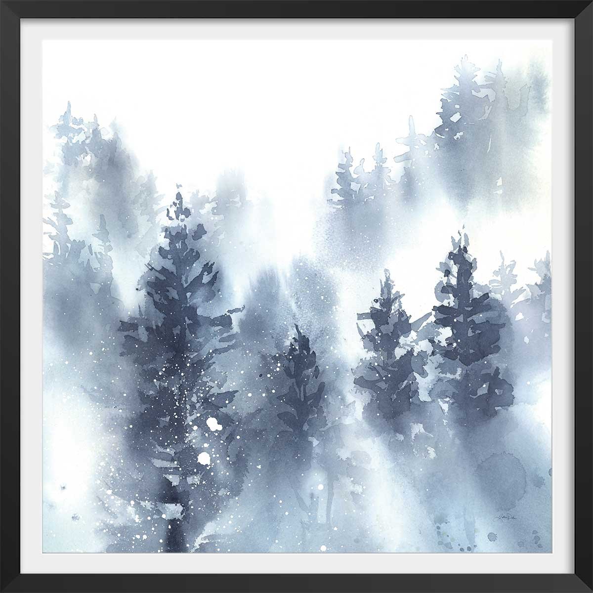 Affiche Neige sur la forêt affiche + cadre en bois - noir, HEXOA
