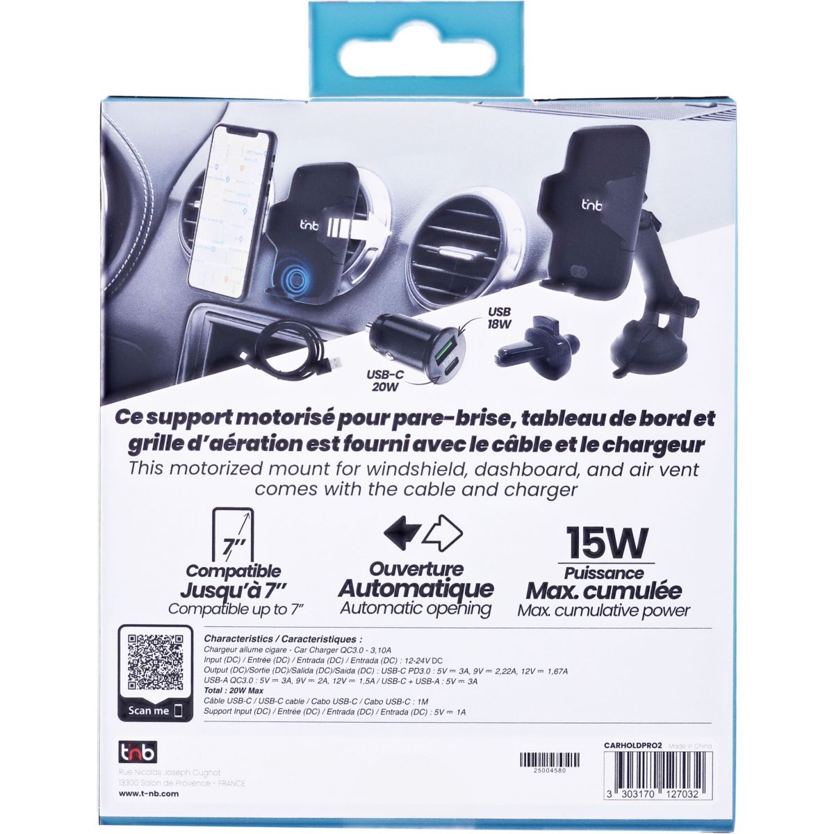 Support smartphone voiture motorisé 3 en 1 avec chargeur couleur unique, TNB