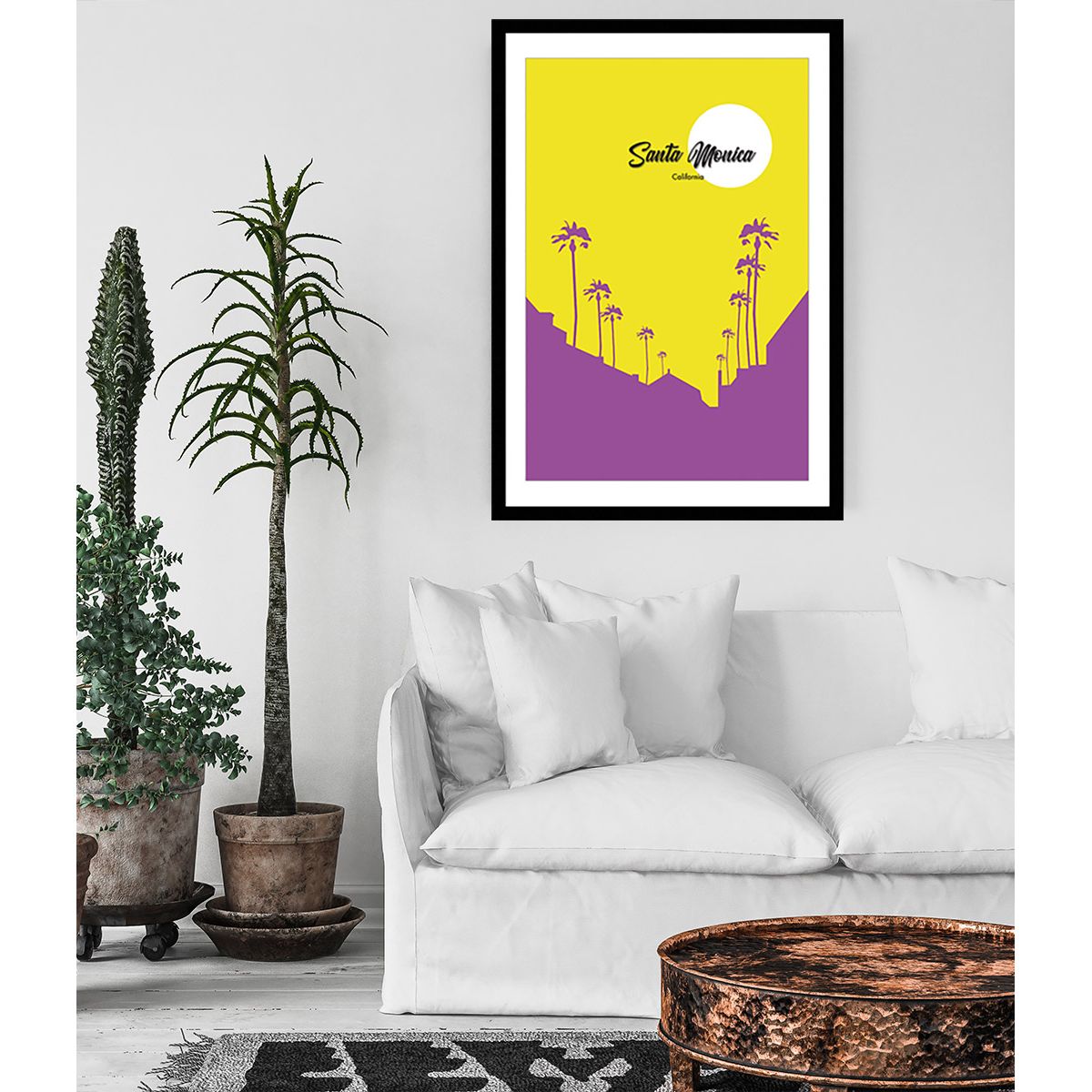 Affiche graphique santa monica californie affiche + cadre en bois - noir, HEXOA