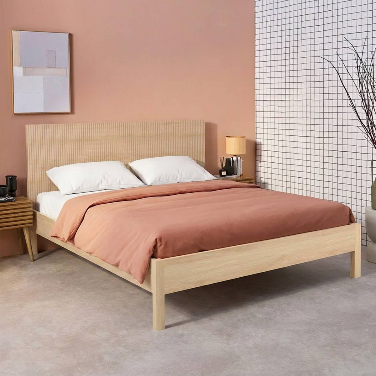 Lit avec sommier à lattes et tête de lit 160x200cm décor bois LINEAR noyer, SWEEEK