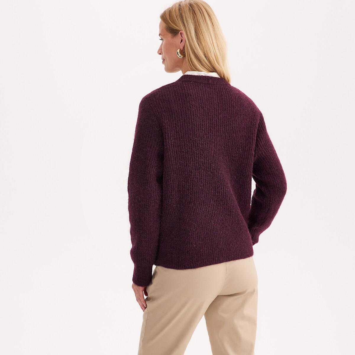 Pull col rond, en grosse maille, en laine et alpaga mélangés prune, ANNE WEYBURN