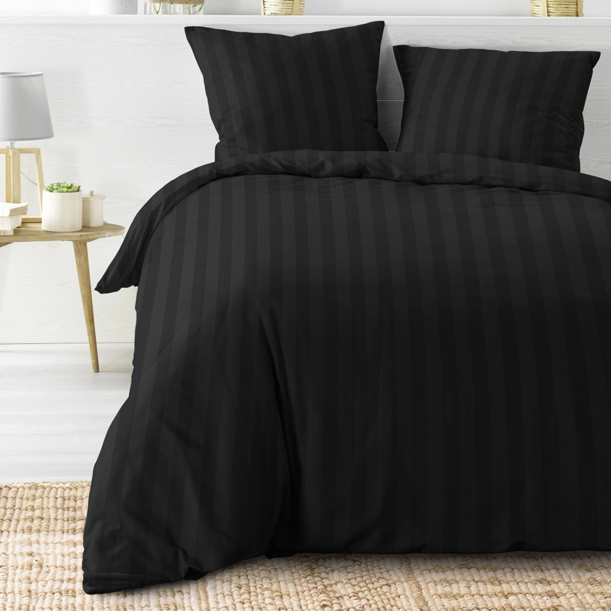 Housse De Couette 240x220 + 2 Taies Cléo Noir Uni Microfibre noir, DECORATIE