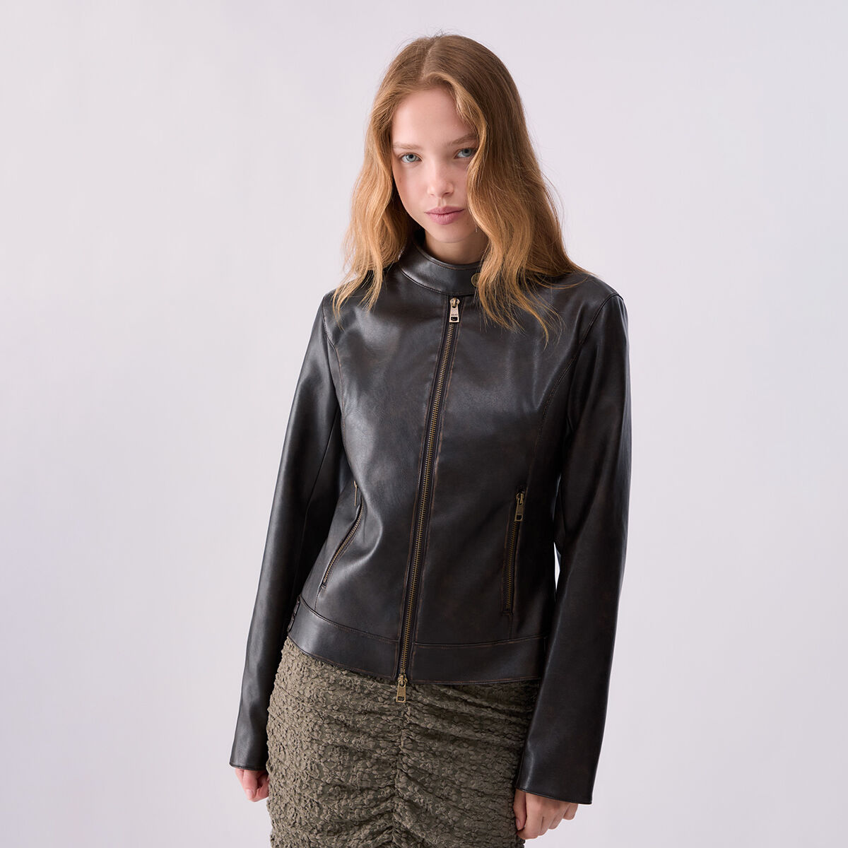 Veste Biker en Tissu Enduit marron foncé, LIU JO