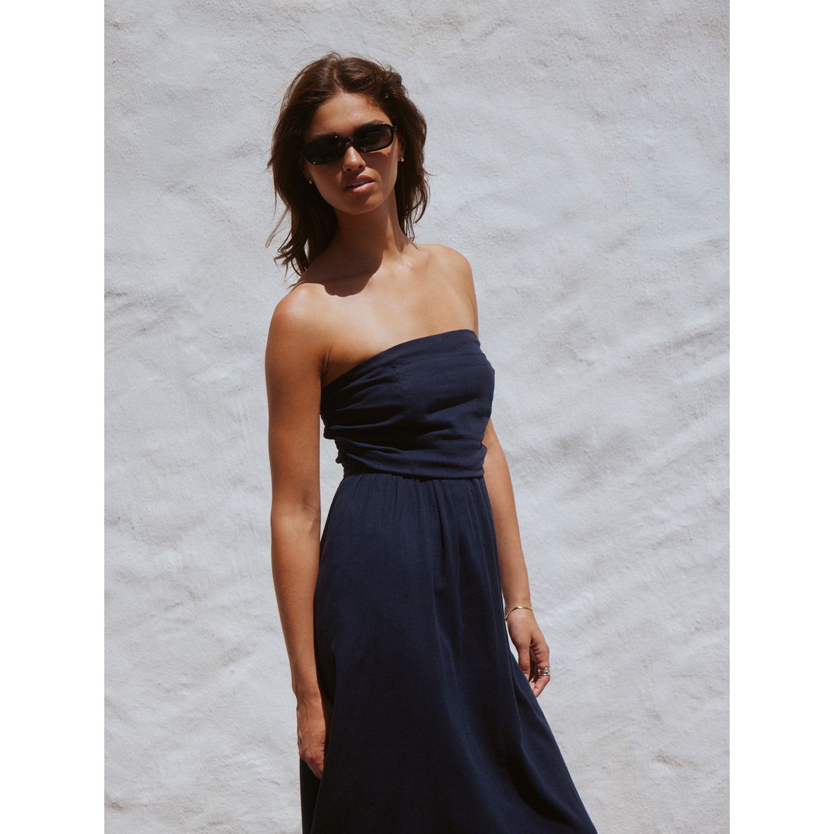 Robe bandeau mi-longue froncée bleu marine, NEXT
