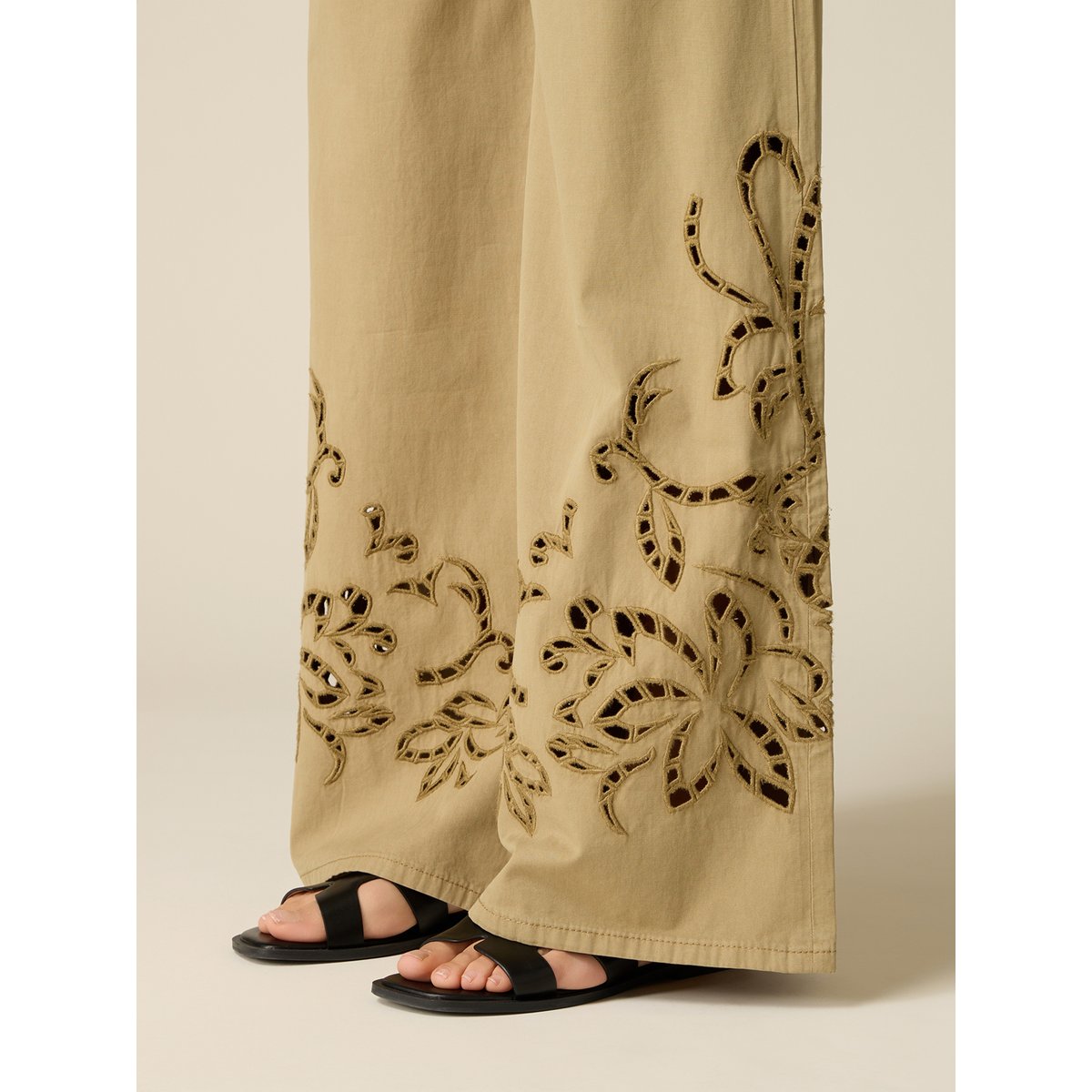 Pantalon palazzo avec broderies see-through verde militare, OLTRE