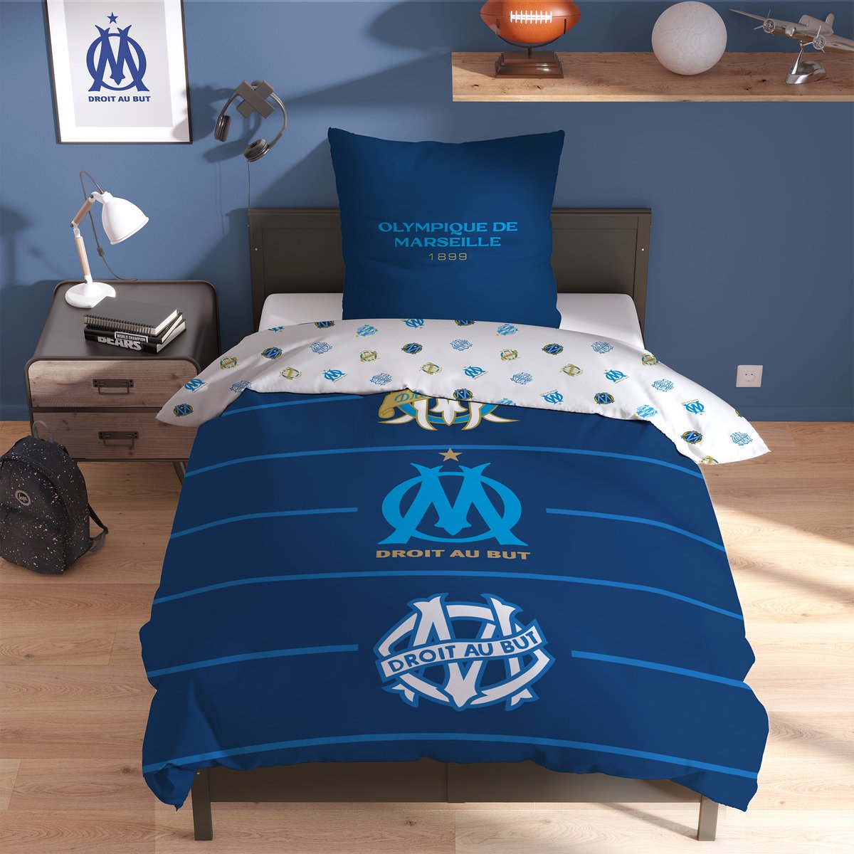 Parure de lit 100% Coton, OM CÉLÉBRATION bleu, OLYMPIQUE DE MARSEILLE