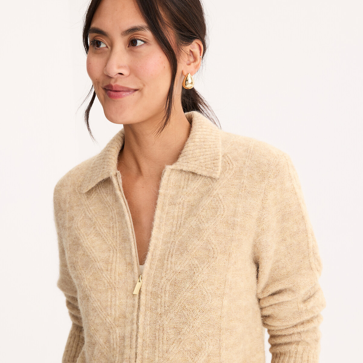 Cable Knit Zip-Up Polo Cardigan beige marl, ANNE WEYBURN