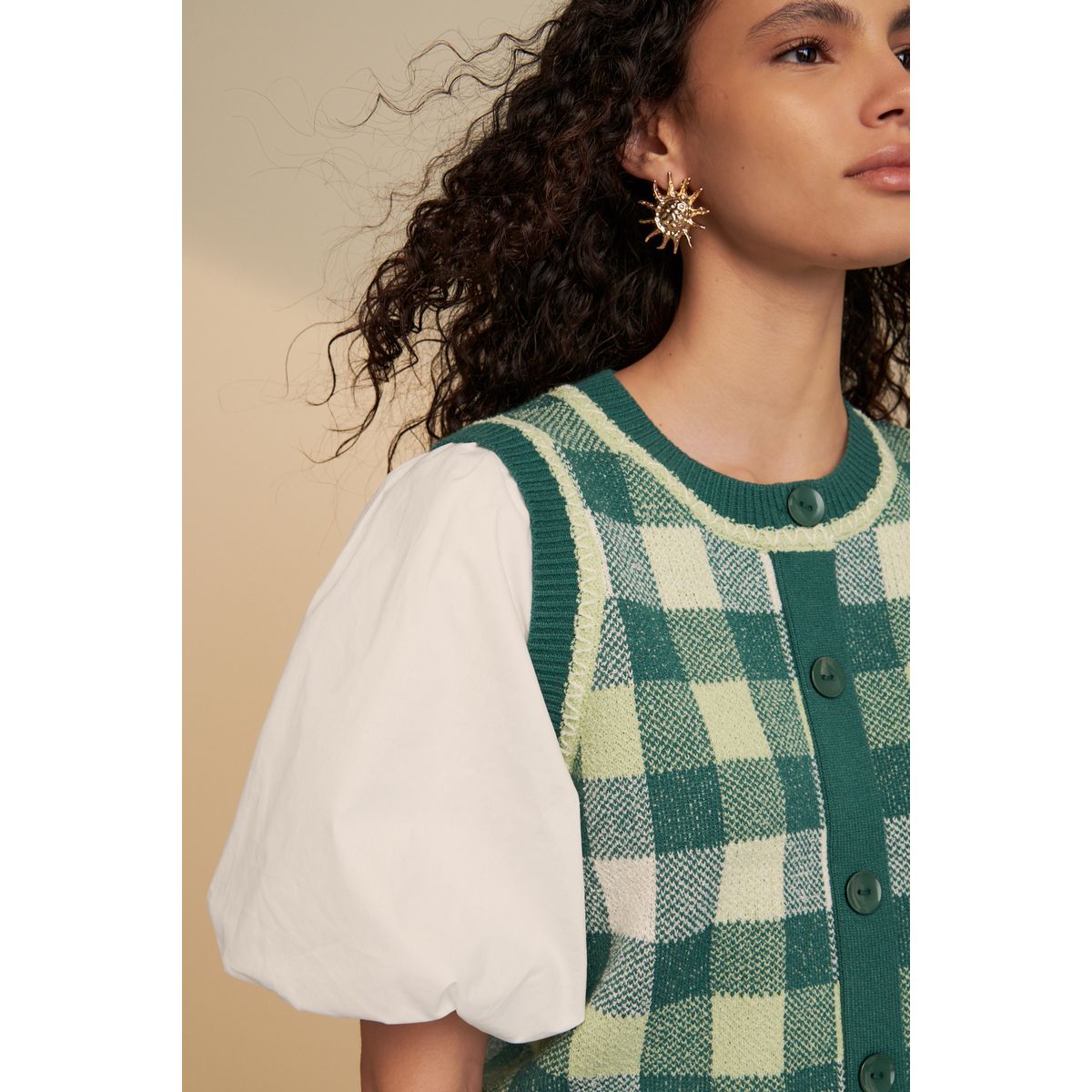 Pull vichy avec débardeur superposé en maille vert, NEXT