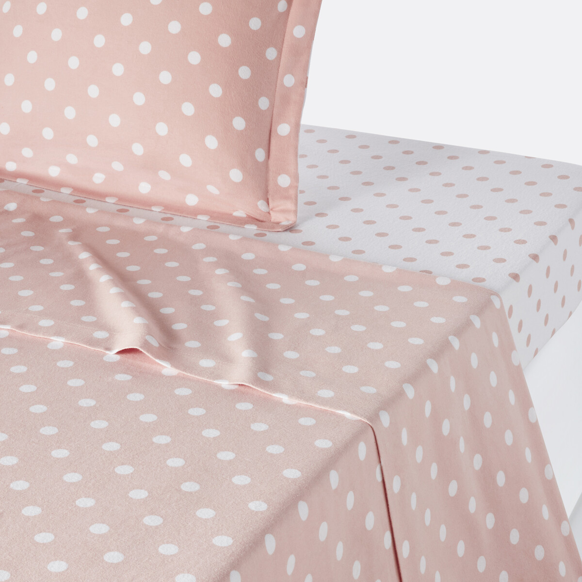 Drap flanelle imprimé pois, Clarisse nude/blanc, LA REDOUTE INTERIEURS