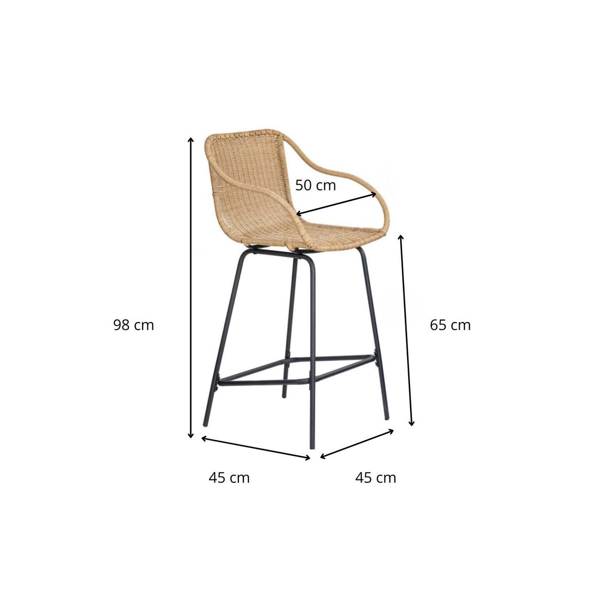 Lot de chaises d'ilot et bar en métal et assise en rotin 65cm MOOREA | Lot de 8 naturel, MOB IN