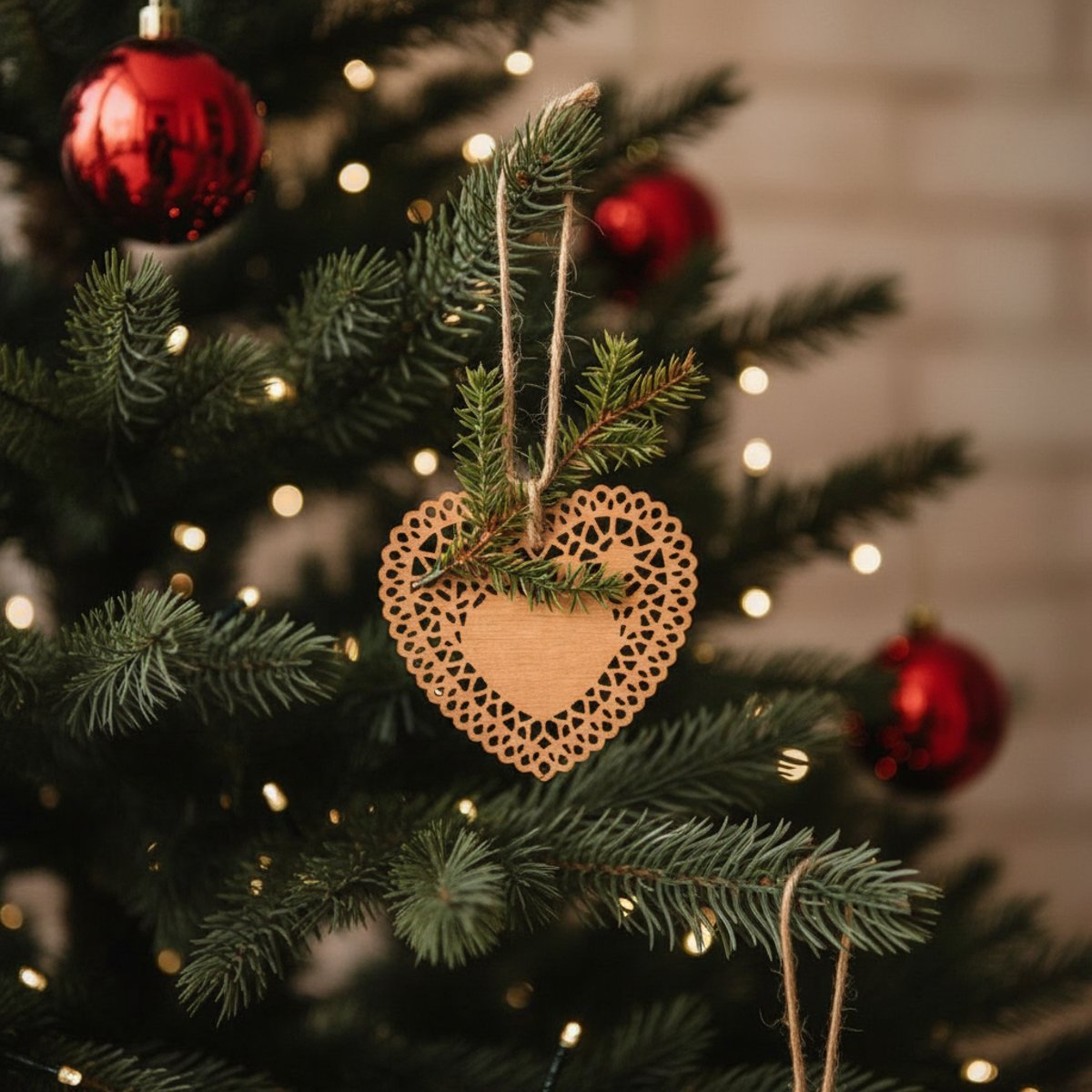 Suspension de noël coeur avec pin décorative en bois H20 beige et vert, SIA DECO