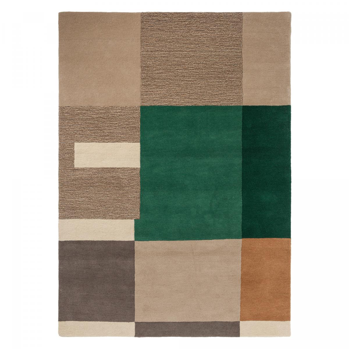 Tapis salon et chambre fait main en laine motif géométrique BASS beige, vert, UN AMOUR DE TAPIS