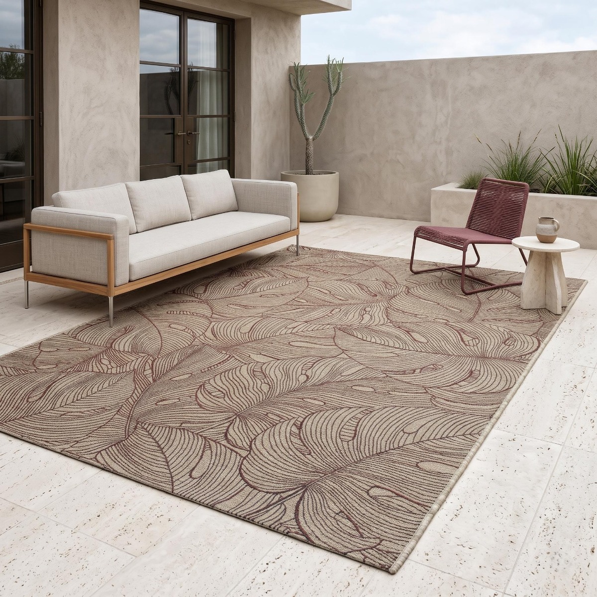 Tapis extérieur intérieur  bordeaux motif feuillage ORSA beige et bordeaux, THE DECO FACTORY