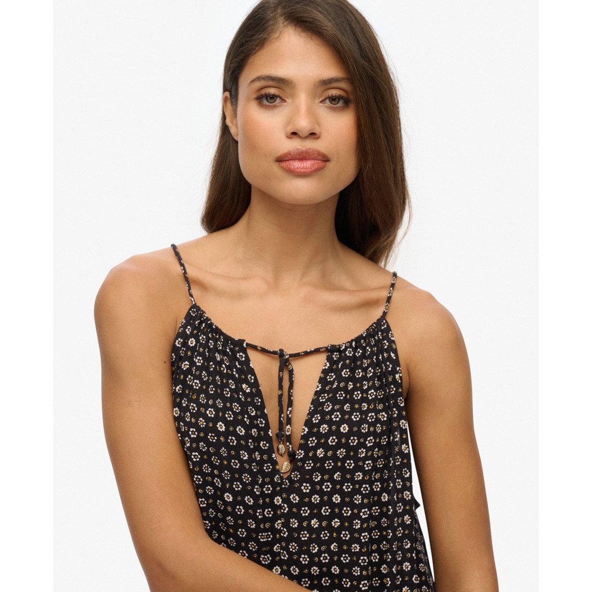 Robe longue caraco de plage noir à pois et pâquerettes, SUPERDRY