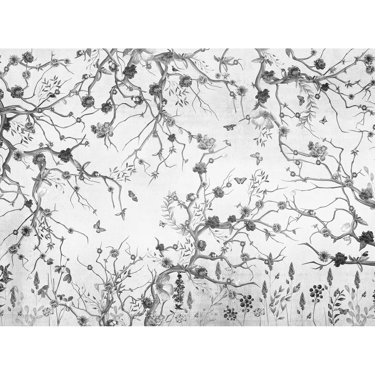 Papier peint panoramique feuilles le printemps n&b intissé, HEXOA