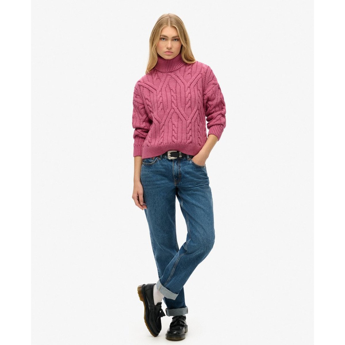 Pull polo en maille torsadée torsade rose papaye, SUPERDRY